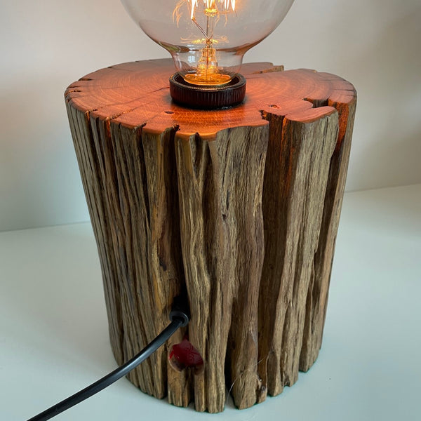 Round timber table lamp with edison bulb. Polished top and natural timber crack. Back view