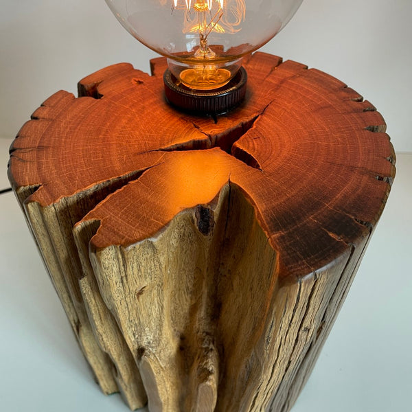 Round timber table lamp with edison bulb. Polished top and natural timber crack.