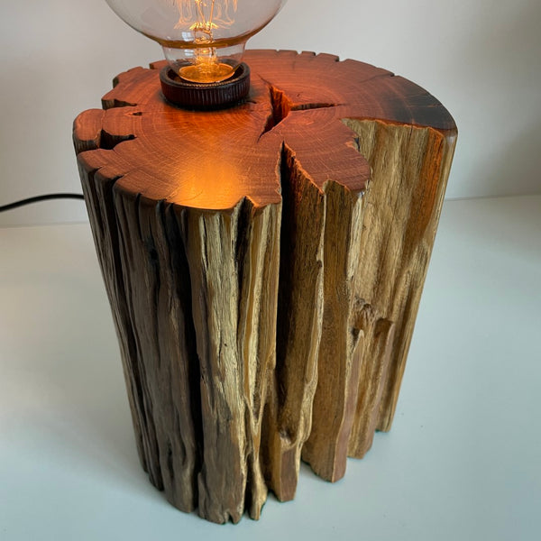 Round timber table lamp with edison bulb. Polished top and natural timber crack. Side view.