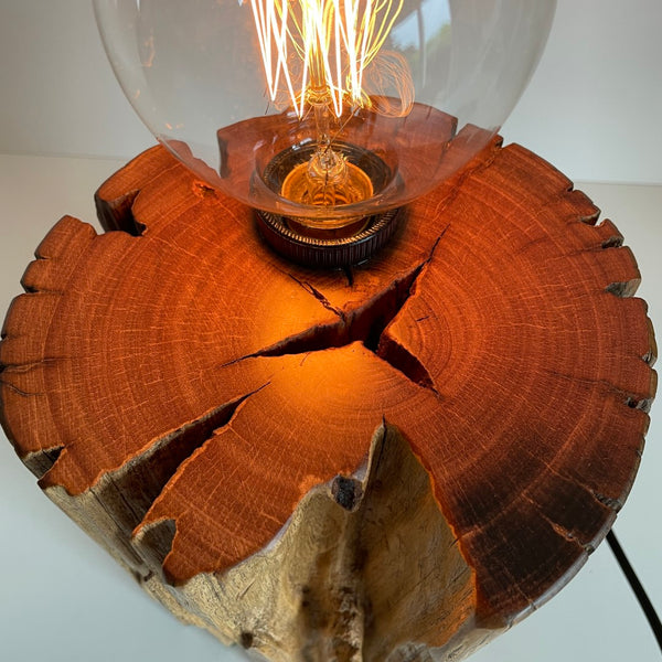 Round timber table lamp with edison bulb. Polished top and natural timber crack. Close up.