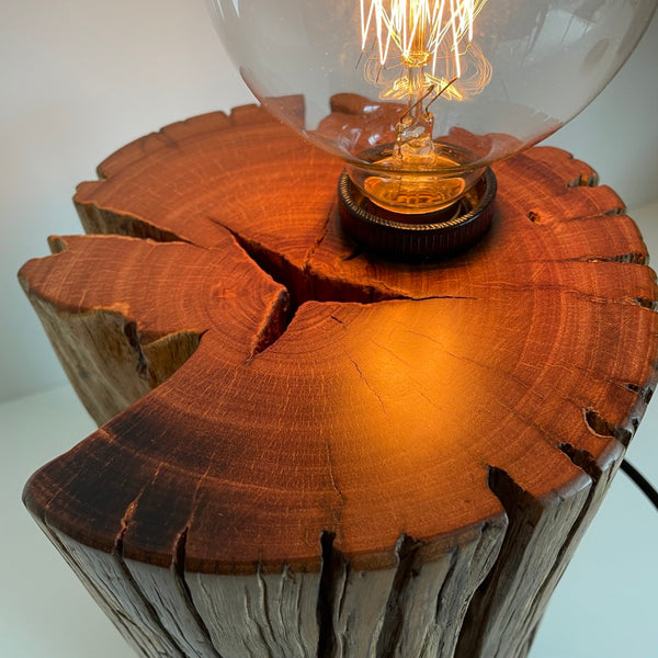 Round timber table lamp with edison bulb. Polished top and natural timber crack. Close up of beeswax polished top.