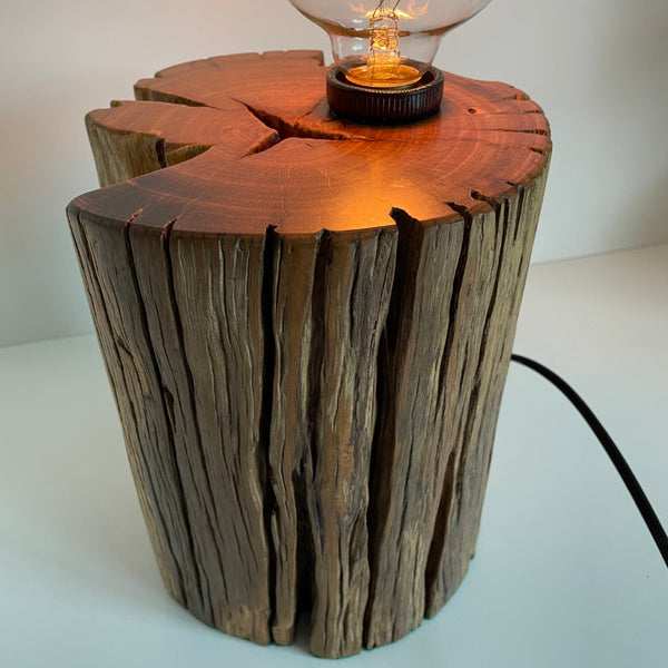 Round timber table lamp with edison bulb. Polished top and natural timber crack. Side view