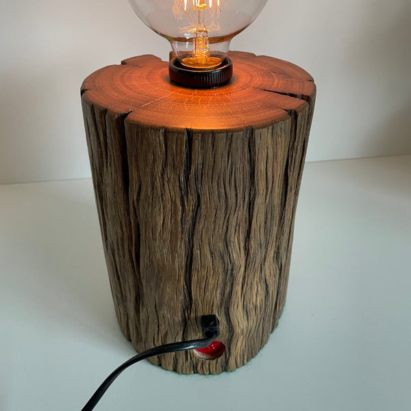 Round timber table lamp with front hole and polished top. Back view.