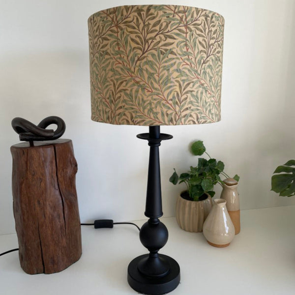 Shades at Grays Bespoke large drum lampshade with Morris & Co Willow Boughs - Sage Green on black table lamp base.