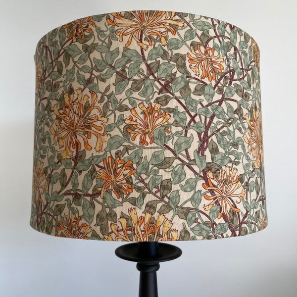 Shades at Grays Lampshades Morris & Co Honey Suckle - Sage Green Fabric Lampshade Bespoke William Morris fabric lampshade, Cream and blue floral handcrafted lighting made in new zealand