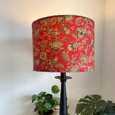 Shades at Grays bespoke medium drum fabric lampshade, French General Lavigne Rouge fabric.Llit on black stand