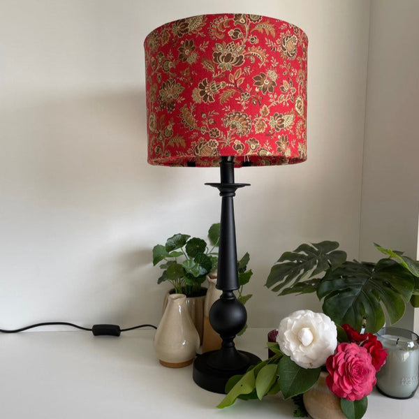 Shades at Grays bespoke large fabric lampshade, French General Lavigne Rouge fabric. Unlit on tall black stand