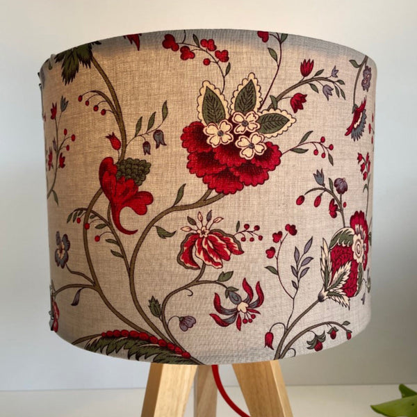 Shades at Grays medium drum fabric lampshade with French General Blanchet Roche fabric. lit 