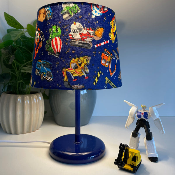 Small tapered fabric lampshade, bespoke childrens collection, Shades at Grays, lit.