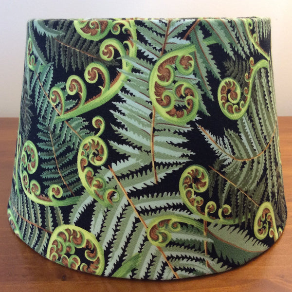 Shades at Grays Lampshades Small tapered light shade frame with green fern fabric, bespoke.