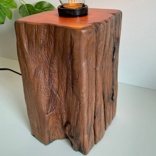 Upcycled timber table lamp, side view, close up.