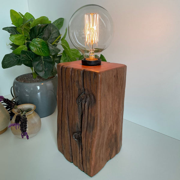 Upcycled totara fence post with edison light bulub, lit, long view.