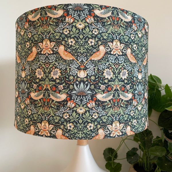 William Morris strawberry thief mini marine fabric bespoke lamp shade, handcrafted in New Zealand, unlit.