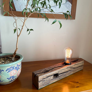 Handcrafted wooden table lamp made from recycled telegraph post with replica Edison light bulb, Shades at Grays